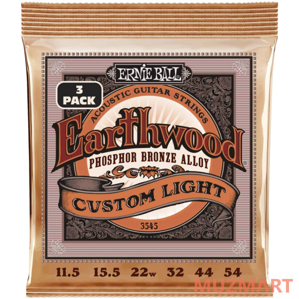 Ernie Ball 3545 Earthwood Phosphor Bronze Custom Light 3 Pack 11.5-54 Струны для акустической гитары, 3 комплекта